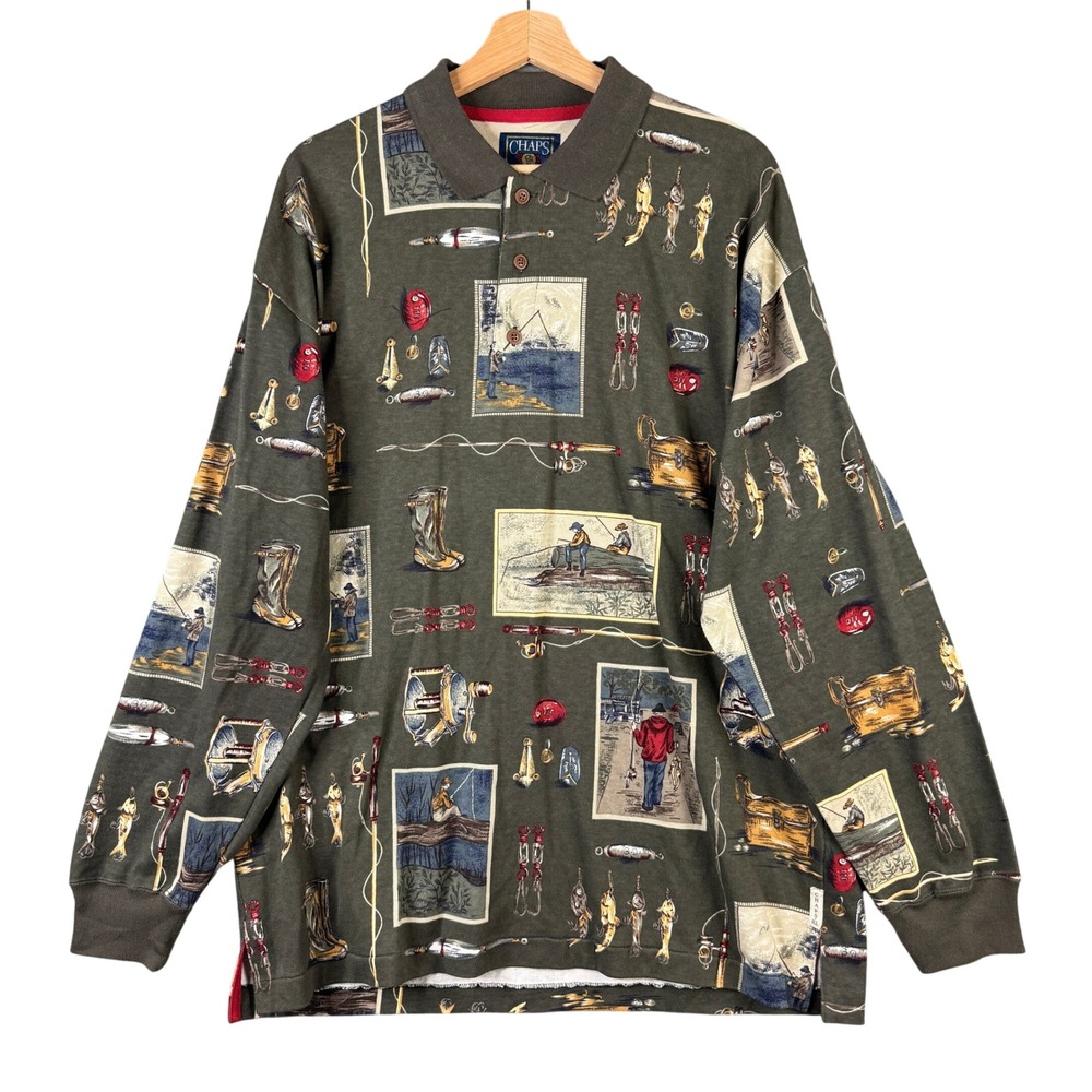 Chaps Ralph Lauren Mens Large Fishing Lure Print Long Sleeve Polo Shirt Olive